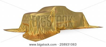 Golden Silk Covered Pickup Truck Concept. 3d Illustration