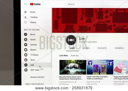 Yainville, France - September 18, 2018. Youtube Live Page Sharing Service On Laptop Screen Close-up.