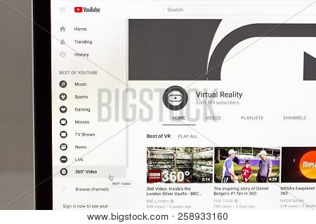 Yainville, France - September 18, 2018. Youtube 360 Video Page Sharing Service On Laptop Screen Clos