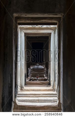 Ancient Stone Sarcophagus In Banteay Samre Temple, Angkor Wat Complex, Cambodia. Sacred Place With C