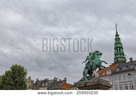 Wide Angle View Of The Bishop Absalon Statue In Copenhagen, Denmark.