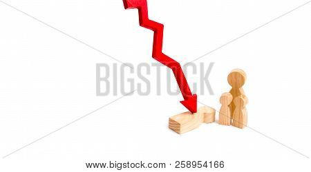 Wooden Figures Of The Family And The Stricken Figure With A Red Arrow. The Concept Of Loss Of A Fami