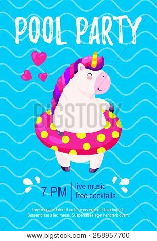 Pool Party Invitation. Template, Background For Banner, Flyer. Vector Illustration With Cute Unicorn