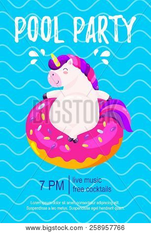 Pool Party Invitation. Template, Background For Banner, Flyer. Vector Illustration With Cute Unicorn