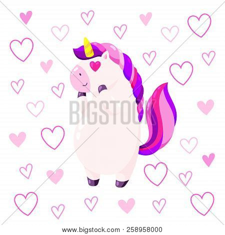 Cute Vector Greeting Card With Unicorn. Template For St. Valentine S Day
