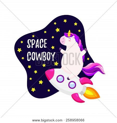 Cute Vector Illustration With Unicorn Astronaut. Template For Design Of T-shirt, Postcard, Banner
