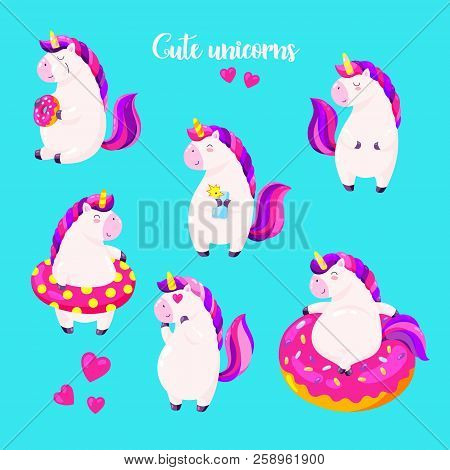 Set Of Funny Cartoon Magic Unicorns. Patch, Badge Sticker. Collection Of Icons, Pattern For Clothes,