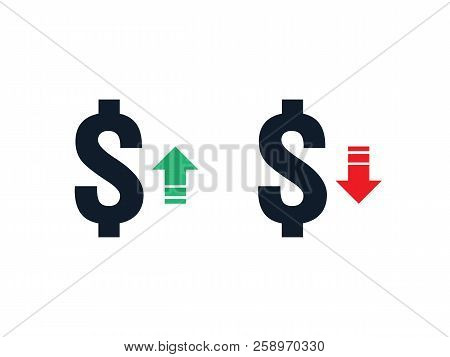 Dollar Increase Decrease Icon. Money Symbol With Arrow Stretching Rising Up And Drop Fall Down. Busi