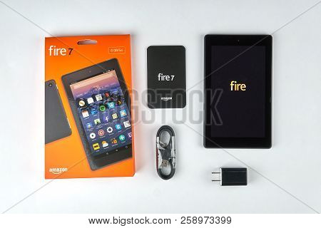 Montreal, Canada - September 8, 2018: Amazon Fire Tablet With Opened Box. The Fire Tablet Is A Table