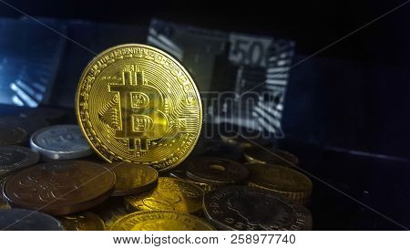 Bitcoin. Physical Bit Coin. Digital Currency. Cryptocurrency. Golden Coin With Bitcoin Symbol. Stock