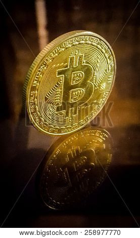 Bitcoin. Physical Bit Coin. Digital Currency. Cryptocurrency. Golden Coin With Bitcoin Symbol. Stock