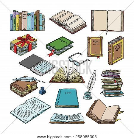 Books Vector Stack Of Textbooks And Notebooks On Bookshelves In Library Or Bookstore Illustration Se