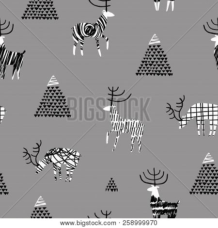 Seamless Pattern With Reindeer In The Mountains. Perfect For Cards, Invitations, Party, Banners, Kin