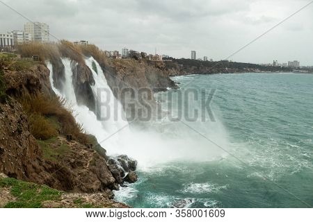 The Duden Waterfall In Antalya. Turkey In Winter