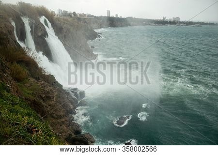 The Duden Waterfall In Antalya. Turkey In Winter