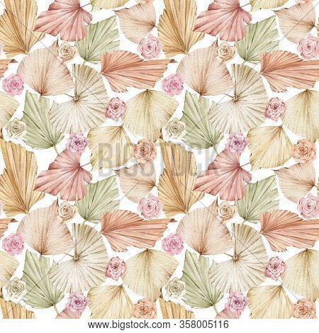 Watercolor Seamless Pattern Of Beige And Creamy Palm Leaves And Roses. Exotic Golden Blush Backgroun