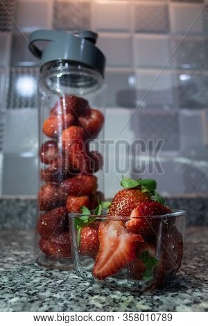 Fresh Sweet Strawberry Inside Of Glass Bottle