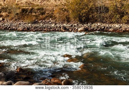 Stormy Mountain River In The Naryn Region Of Kyrgyzstan, Kokemeren River