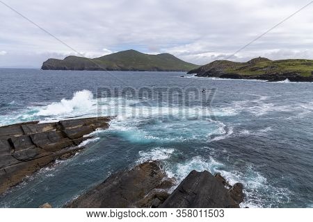 Beautiful Aerial View Of Valentia Island. Scenic Irish Countyside On A Dull Spring Day, County Kerry
