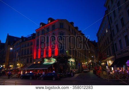 Sweden, Stockholm, May 31, 2018: Typical Swedish Buildings On Kornhamnstorg Square In Gamla Stan Dis