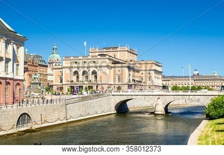 Sweden, Stockholm, May 31, 2018: Royal Swedish Opera House Kungliga Operan Building Across The Bridg