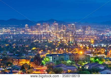 Phoenix, Arizona, USA downtown cityscape at dusk. 
