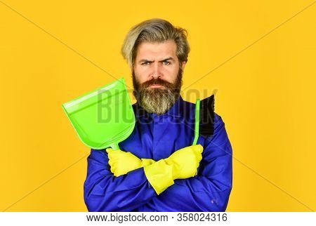Gardener Cleaning Service Man. Cleaning Agency. Worker With Brush. Cleaning Equipment. Yardman Occup