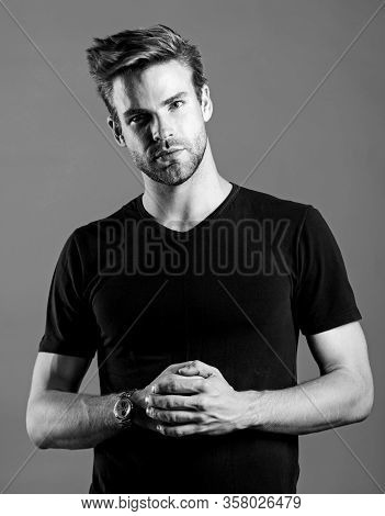 Keep Punctual. Confident Macho Luxurious Watch Blue Background. Watches Are Convenient. Status And R