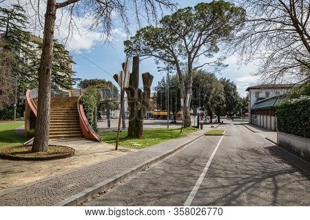 Manzano, Italy - 25.03.2020: Little Italian City During An Epidemic. Deserted Central Square. No Peo