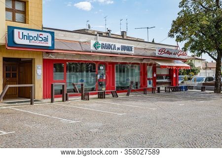 Manzano, Italy - 25.03.2020: Little Italian City During An Epidemic. Deserted Central Square. No Peo