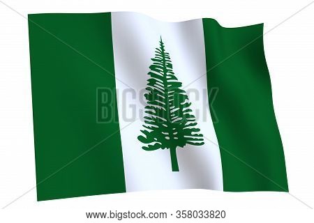 Norfolk Island Flag, 3d Render. Flag Of Norfolk Island Waving In The Wind, Isolated On White Backgro