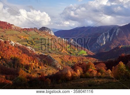 aerial view of Carpathian mountains countryside in autumn morning, Romania