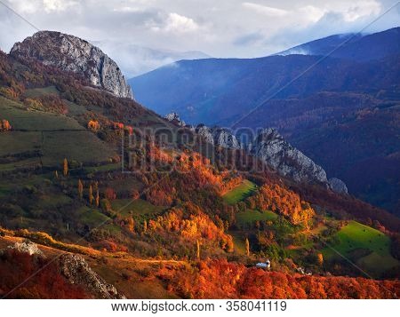 aerial view of Carpathian mountains countryside in autumn morning, Romania