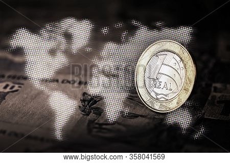 Details Of One Real Coin From Brazil, With Selective Focus, Background Image For Monetary Concept. F