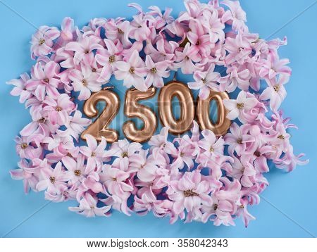2500 Followers Card. Template For Social Networks, Blogs. Background With Pink Flower Petals. Social
