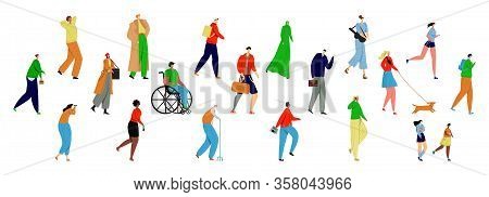Vector Flat Set Of Walking People On White Background Of Different Ages, Genders, Skin Color, Nation
