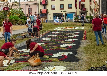 La Orotava, Tenerife, Spain - June 27, 2019. Beautiful Flower Carpets In La Orotava During Corpus Ch