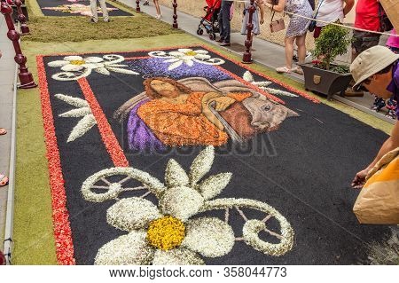 La Orotava, Tenerife, Spain - June 27, 2019. Beautiful Flower Carpets In La Orotava During Corpus Ch