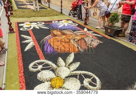 La Orotava, Tenerife, Spain - June 27, 2019. Beautiful Flower Carpets In La Orotava During Corpus Ch