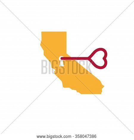 California Real Estate Vector Icon. Golden State And Vintage Red Key In The Keyhole. Branding Idea, 
