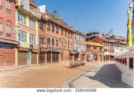 March 25, 2020. Kathmandu, Nepal. The ​​stupa Bouda Closed On Quarantin. Empty Streets And Kora Arou