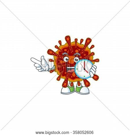 Cartoon Character Style Of Cheerful Deadly Coronvirus With Clock