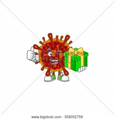 Cheerful Deadly Coronvirus Cartoon Character Holding A Gift Box