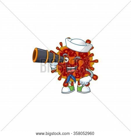 Deadly Coronvirus In Sailor Cartoon Character Design With Binocular
