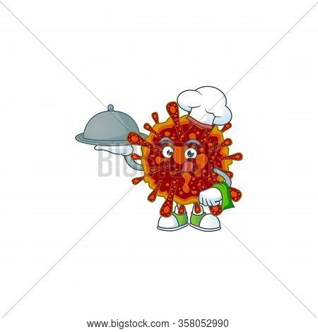 Chef Cartoon Character Of Deadly Coronvirus With Food On Tray
