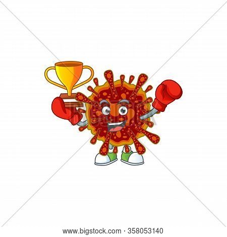 Happy Face Of Boxing Winner Deadly Coronvirus In Mascot Design Style