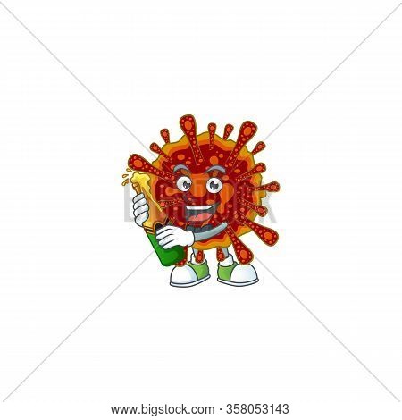 Mascot Cartoon Design Of Deadly Coronvirus With Bottle Of Beer