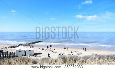 Seascape  Highview Sunny Day With Tourist And Family Relas And Children Play On White Sand Beach, Bl