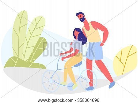 Man Teaches Woman Bike In Park. Active Family Walking. People Walk In Park. Vector Illustration. You