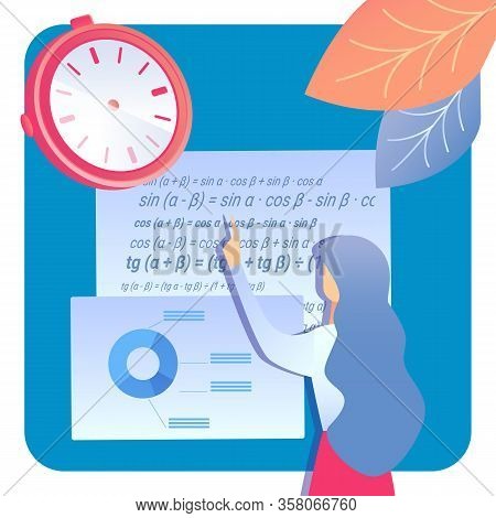 Education, Scientific Research Vector Illustration. Female Student Cartoon Character. Studying Mathe